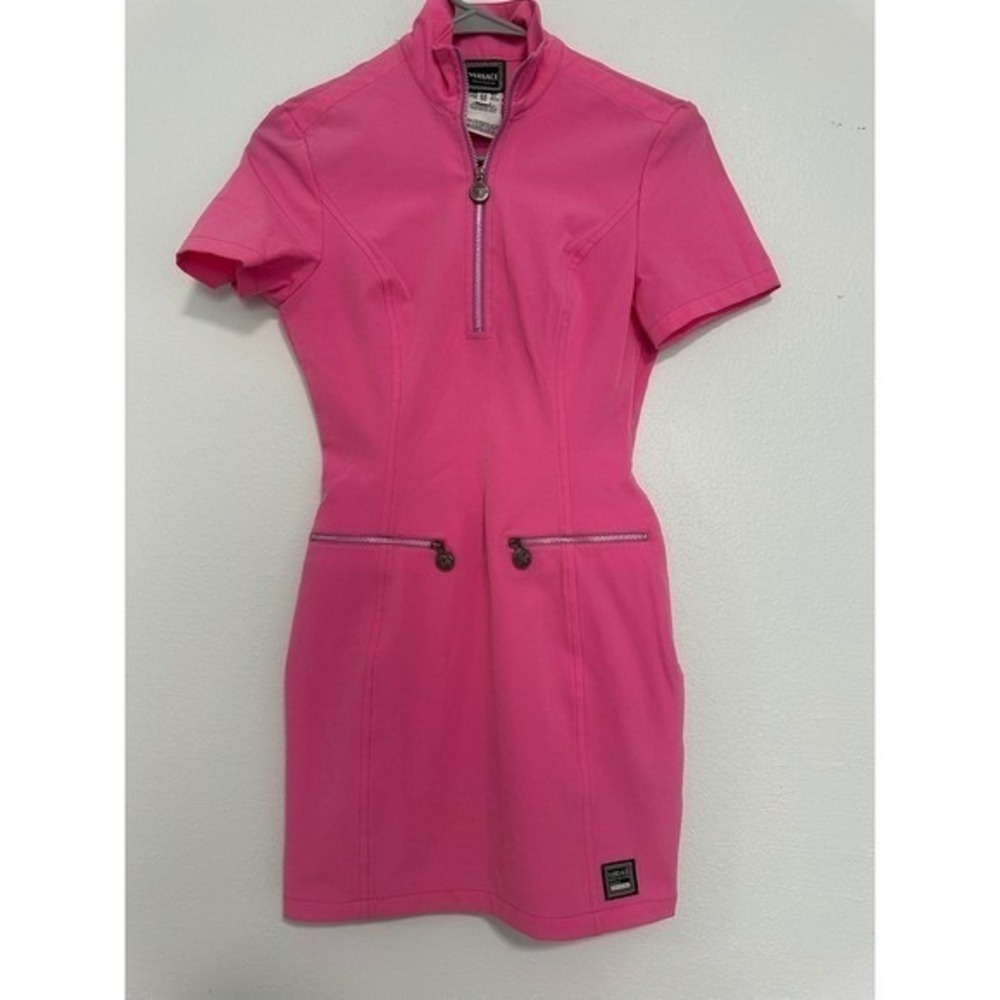 VERSACE JEANS COUTURE Pink Zip Front Short Sleeve Sheath Dress Italy Sz36 XXS-XS
